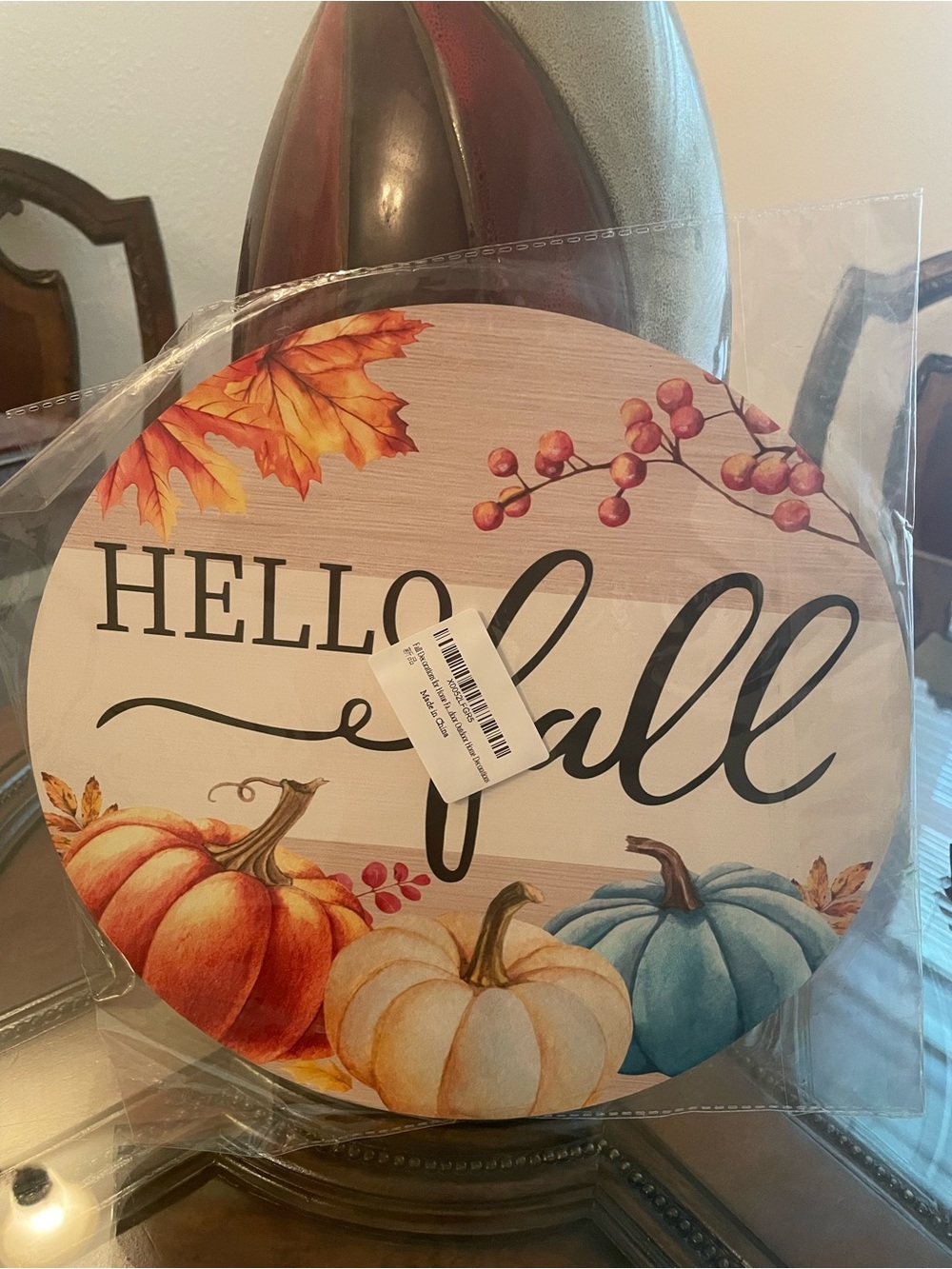 Hello Fall Round Wooden Door/Wall Decor - Orange, Cream & Blue